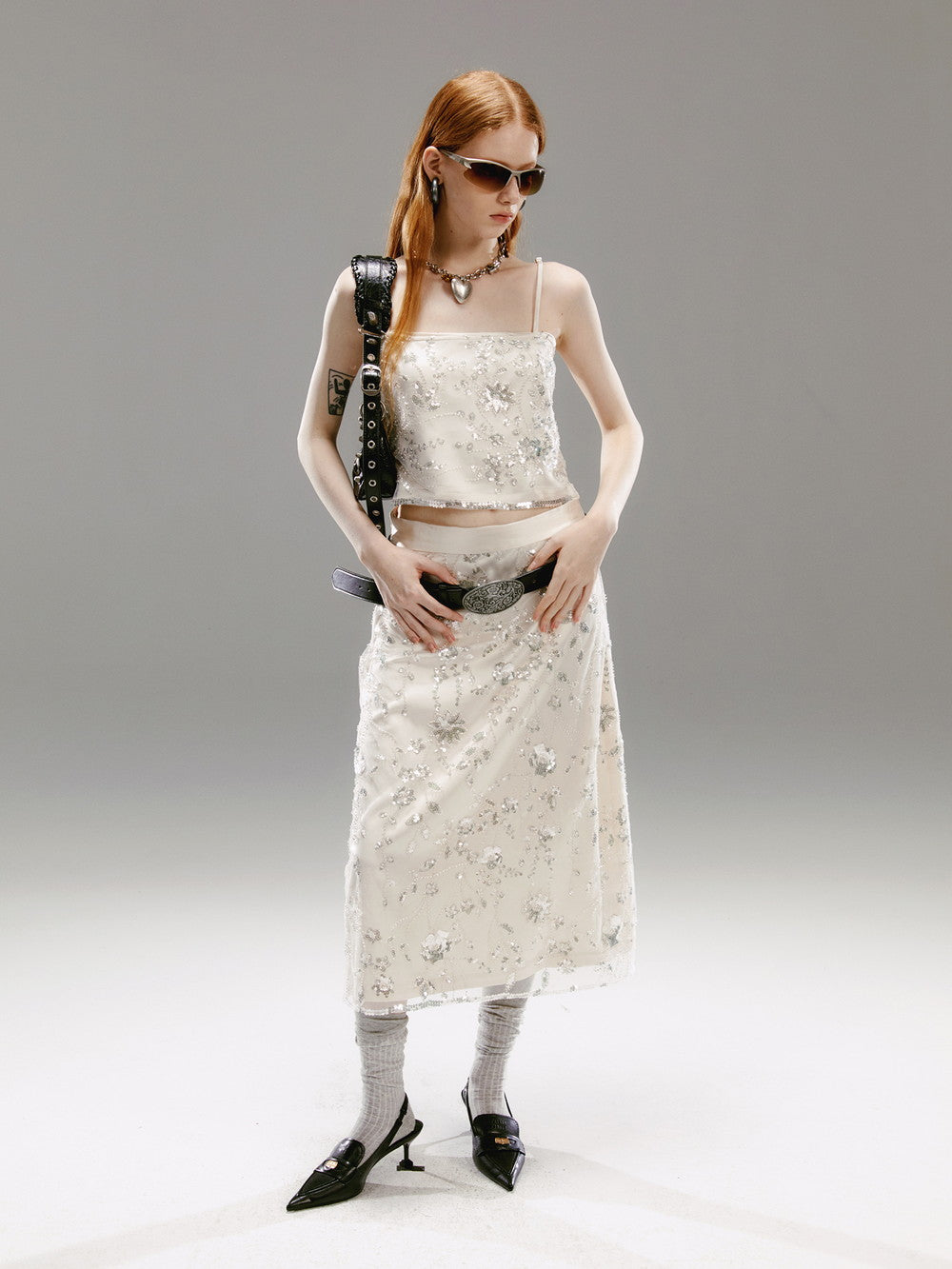 Sequin Elegant Lace Beads Flower Camisole&Skirt