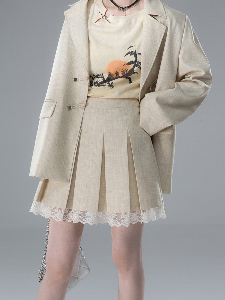 Jacket&Mini-Skirt Lace Box-Pleats Ovreszie Suit Set-Up
