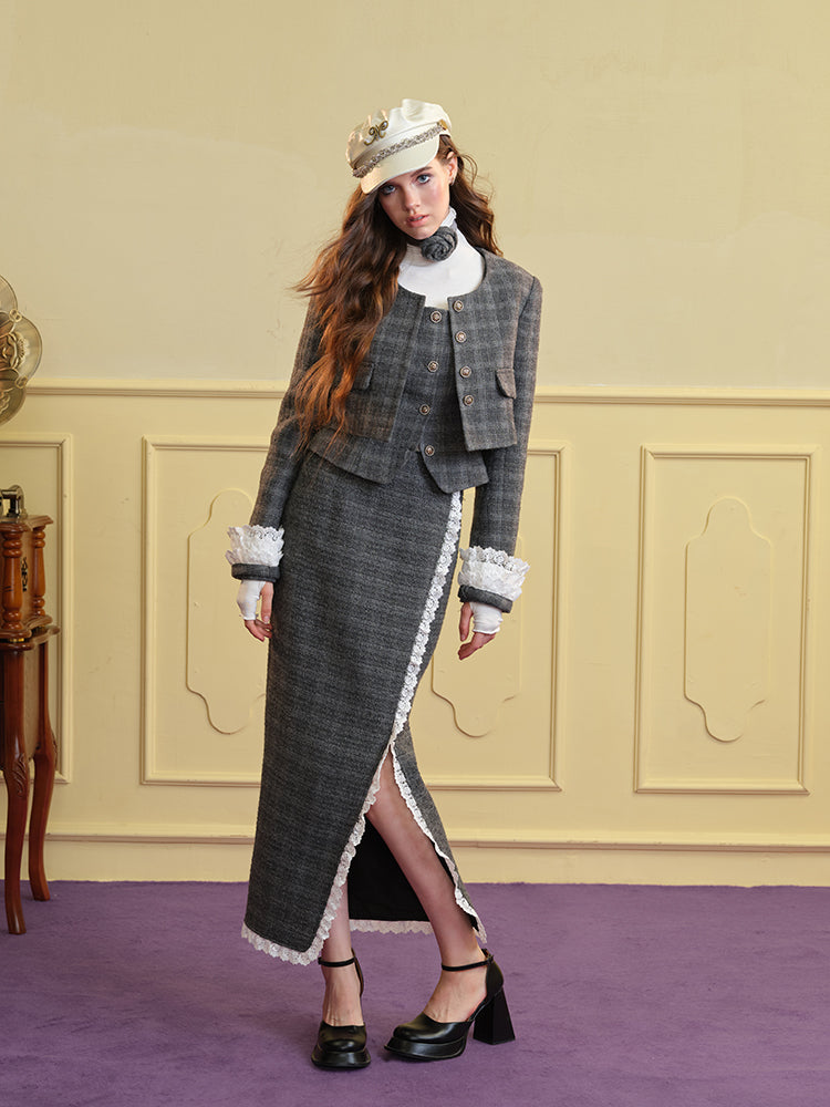Tweed Lace Feminine Cute Jacket&Vest&Mini-Skirt&Long-Skirt