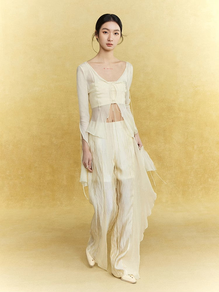 Wrinkled Sheer Frill Asymmetry Straight Wide-Pants