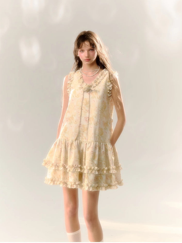 Flower Rose Frill No-Sleeve Sweet Dress