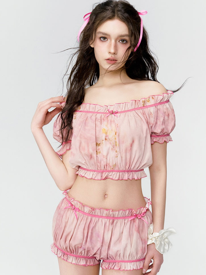Colorfer niedlich girly Off-Shouder-Frillbluse & Kurzhähnen
