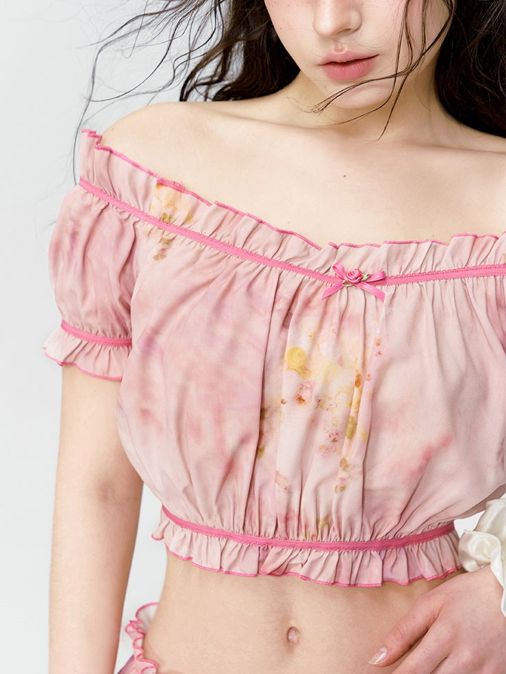 Colorfer niedlich girly Off-Shouder-Frillbluse & Kurzhähnen