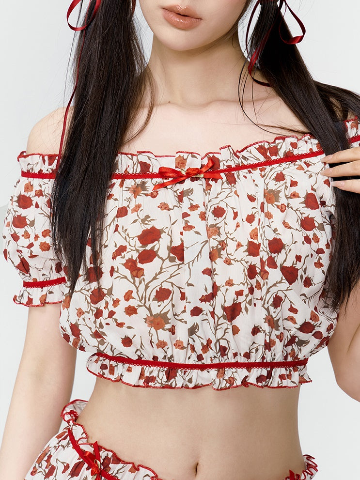Colorfer niedlich girly Off-Shouder-Frillbluse & Kurzhähnen