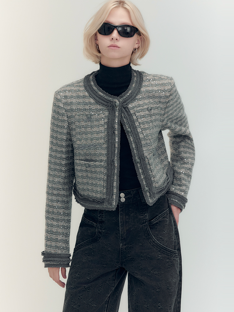 Set-Up Suit Sequins Elegant No-Collar-Jacket&Mini-Skirt