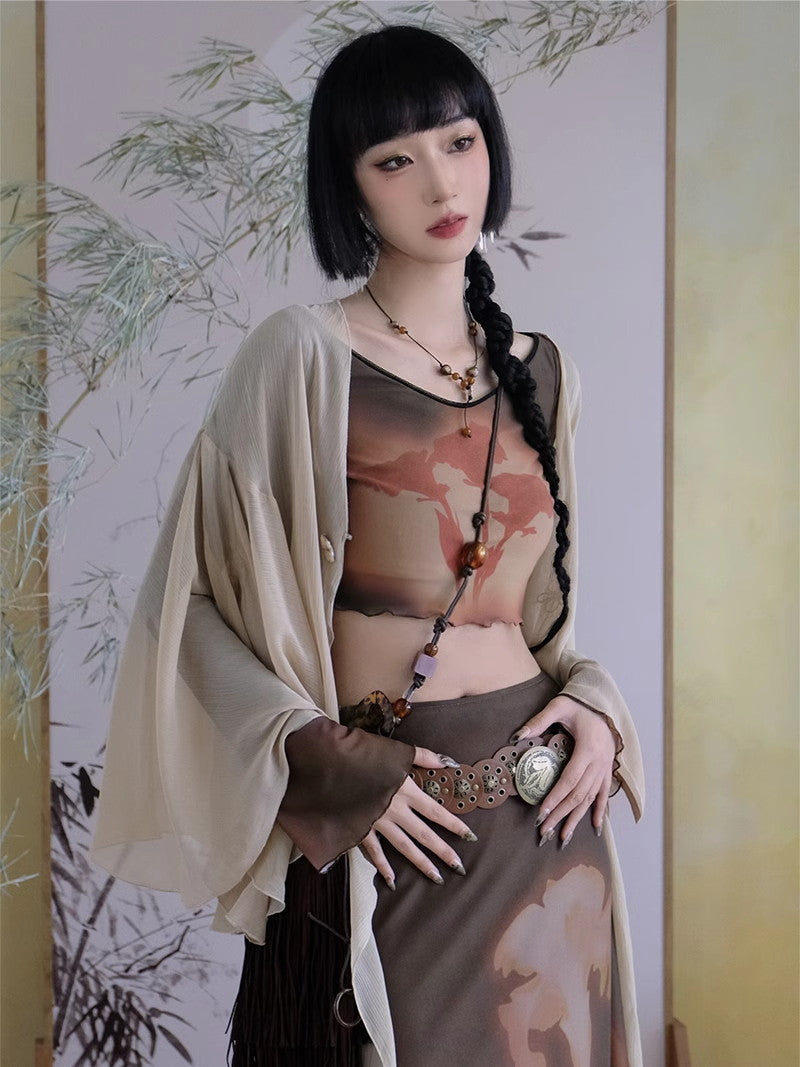 Mellow Gradation Short Nichi Flare-Sleeve Flower Cutsew&Long-Skirt