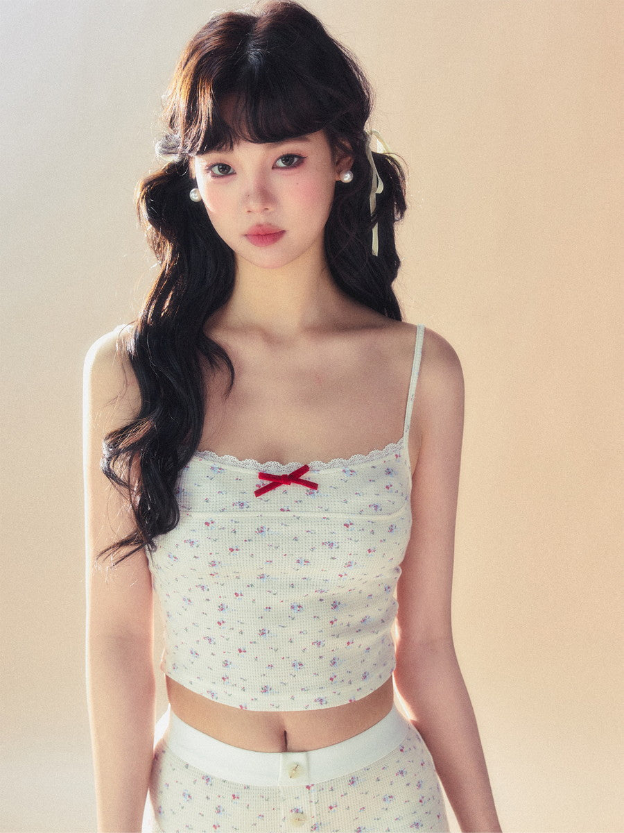 Ribbon Flower Set-Up Stretch Tops&Camisole&Short-Pants