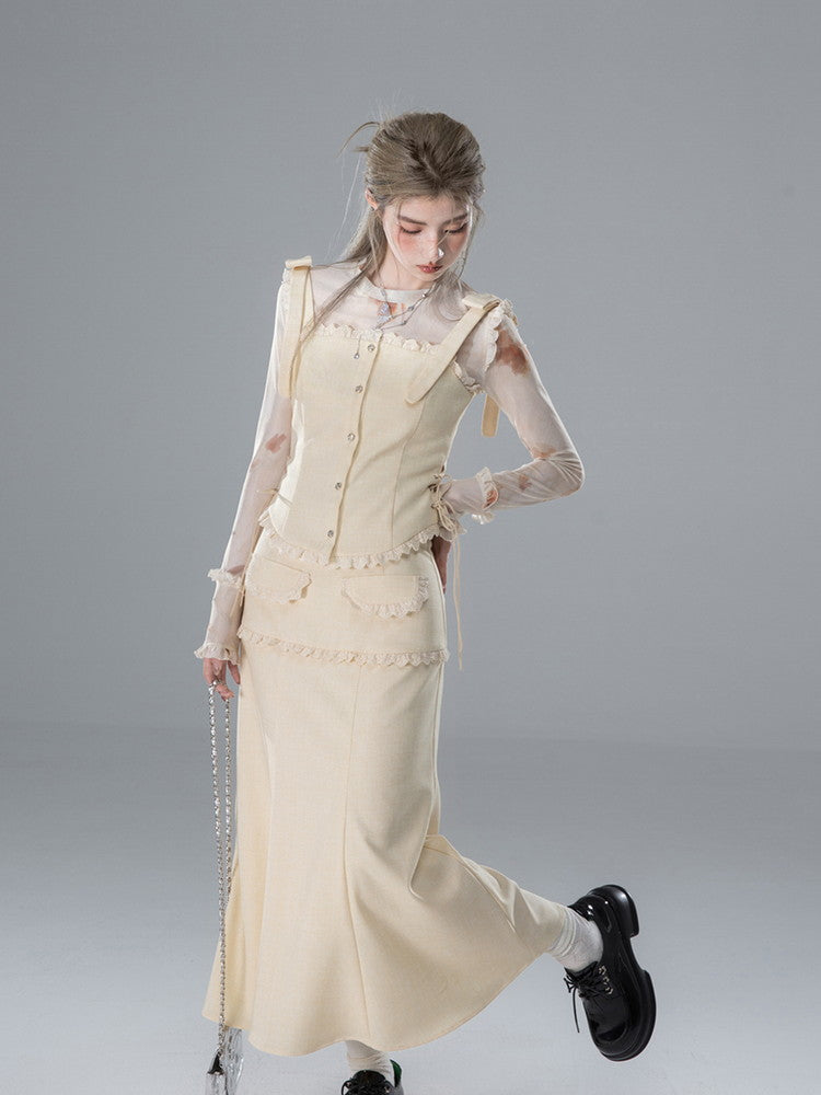 Vest&Blouse&Long-Skirt Frill Lace Suspenders Ribbon Set-Up