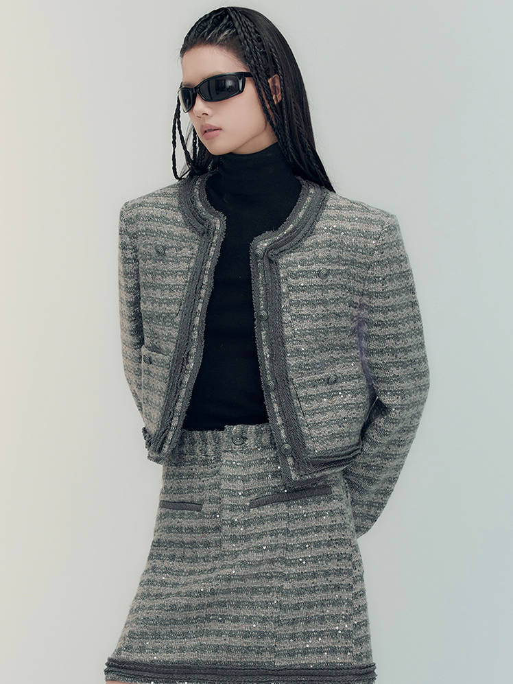 Set-Up Suit Sequins Elegant No-Collar-Jacket&Mini-Skirt