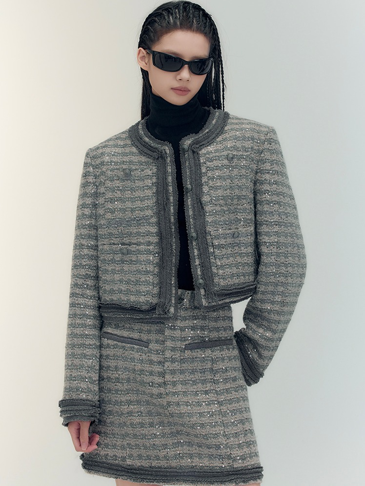 Set-Up Suit Sequins Elegant No-Collar-Jacket&Mini-Skirt