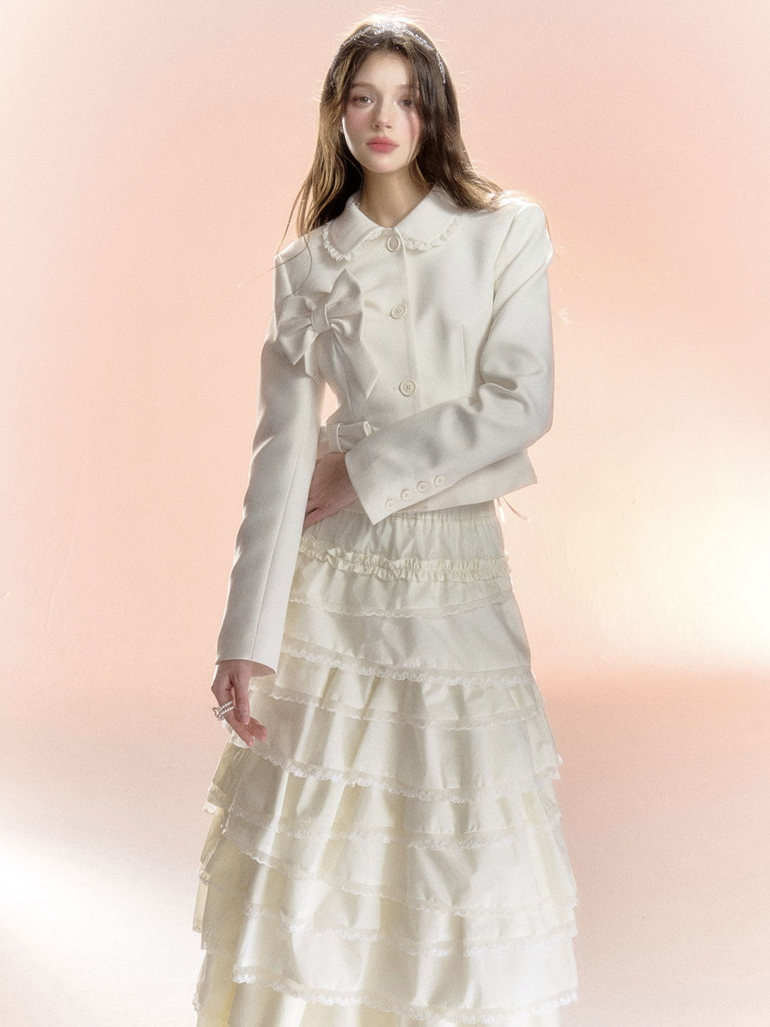 Ribbon Frill Girly Sweet Cute Plain Jacket