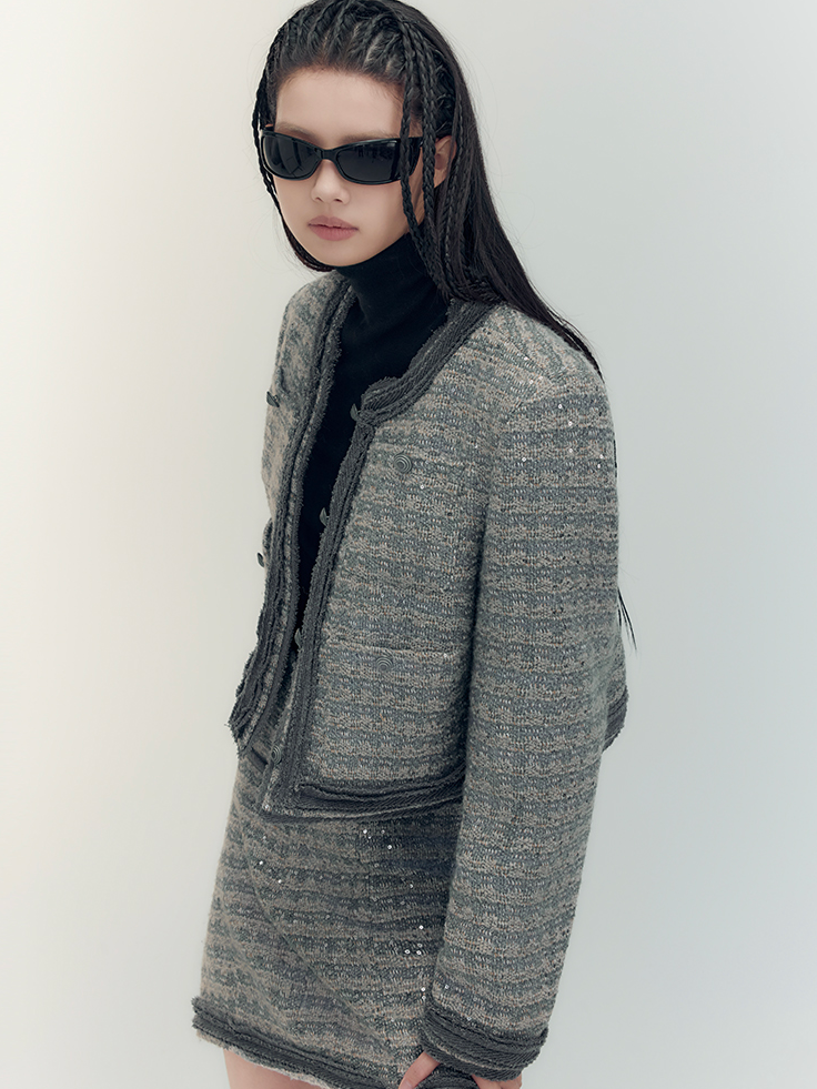 Set-Up Suit Sequins Elegant No-Collar-Jacket&Mini-Skirt