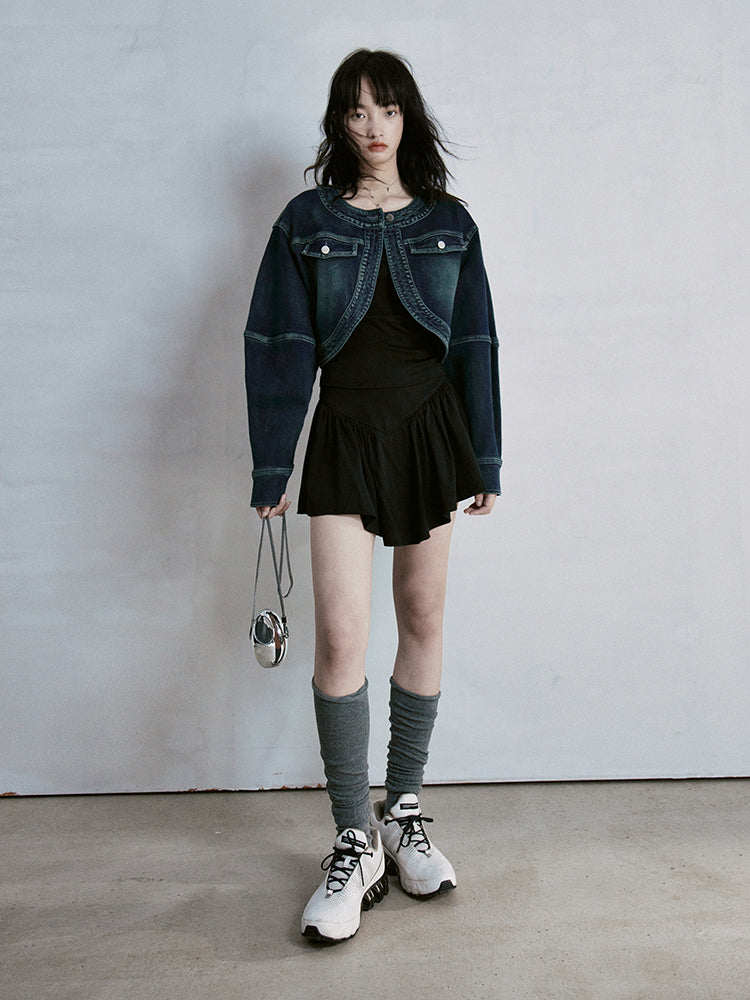 퇴색된 노칼라 빈티지 레트로 캐주얼 데님 재킷