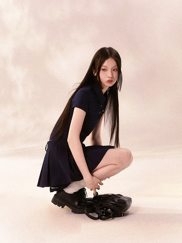 Set-Up Sports Casual Simple Pleats Polo-Shirt&Mini-Skirt