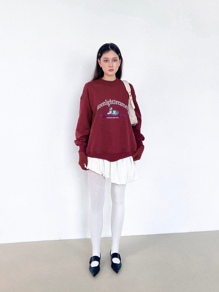 Checked Mix Asymmetry Pleats Girly Cat Pullover&Long-Skirt