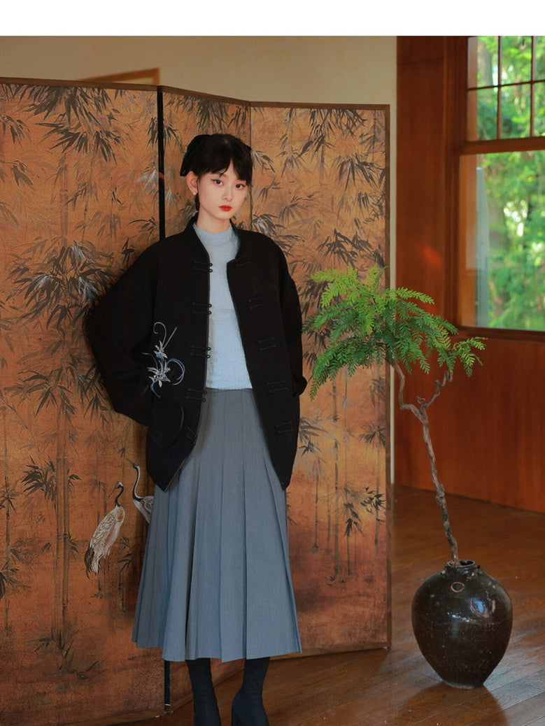 Box-Pleats Simple Plain Flare Skirt