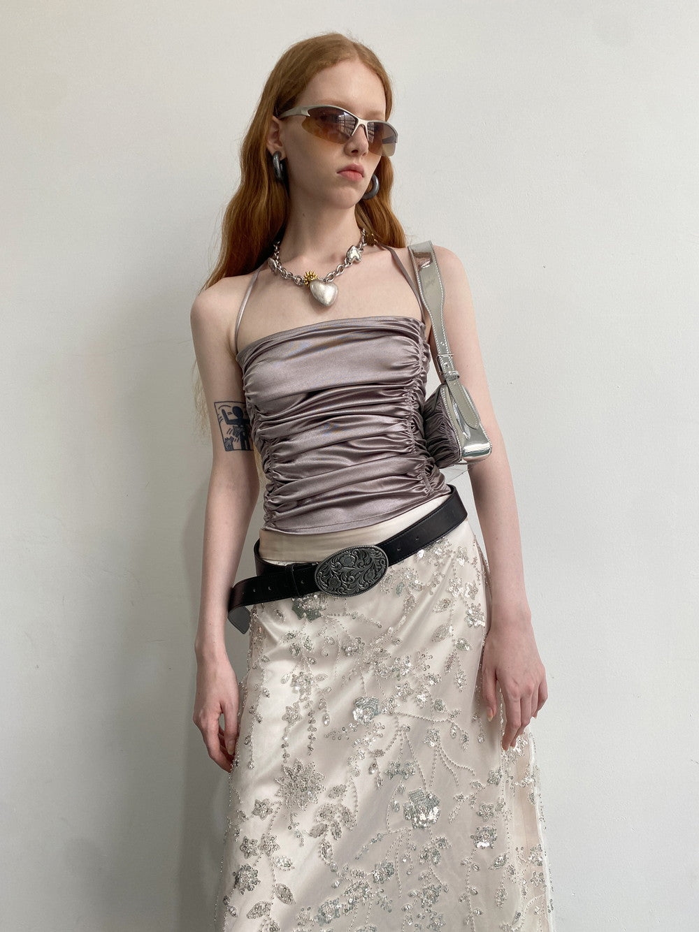Sequin Elegant Lace Beads Flower Camisole&Skirt