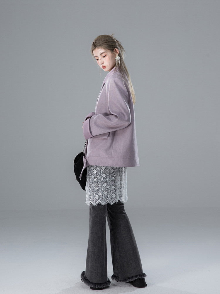 Denim Fower Wrap Cut-Off Slim Flare-Pants&Lace-Skirt