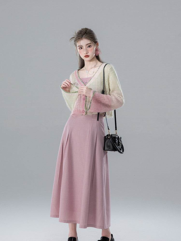 Cardigan&Long-Skirt Ribbon V-Neck Retro Set-Up