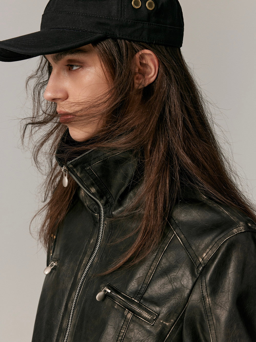 Smooth Vintage Stand-Collar Cool Loose Leather-Jacket