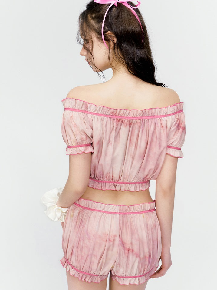 Colorfer niedlich girly Off-Shouder-Frillbluse & Kurzhähnen