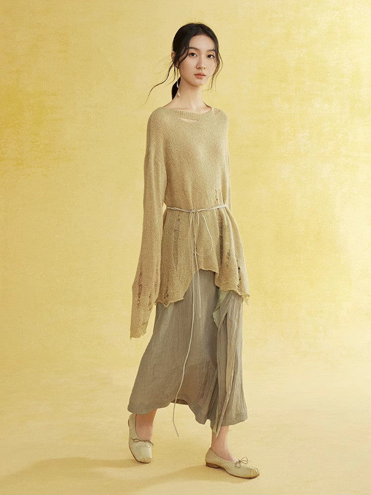 비대칭 손상 난소 캐주얼 커버 니트