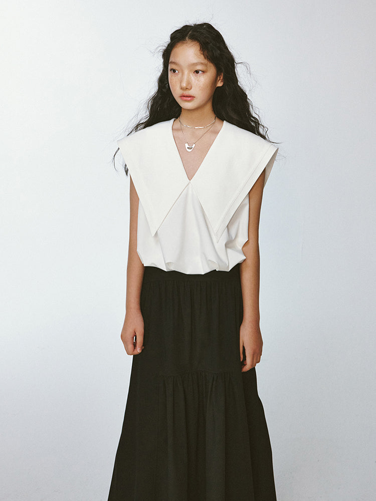Sailor-Collar Big-Collar V-Neck Lno-Sleeve Chic Tops