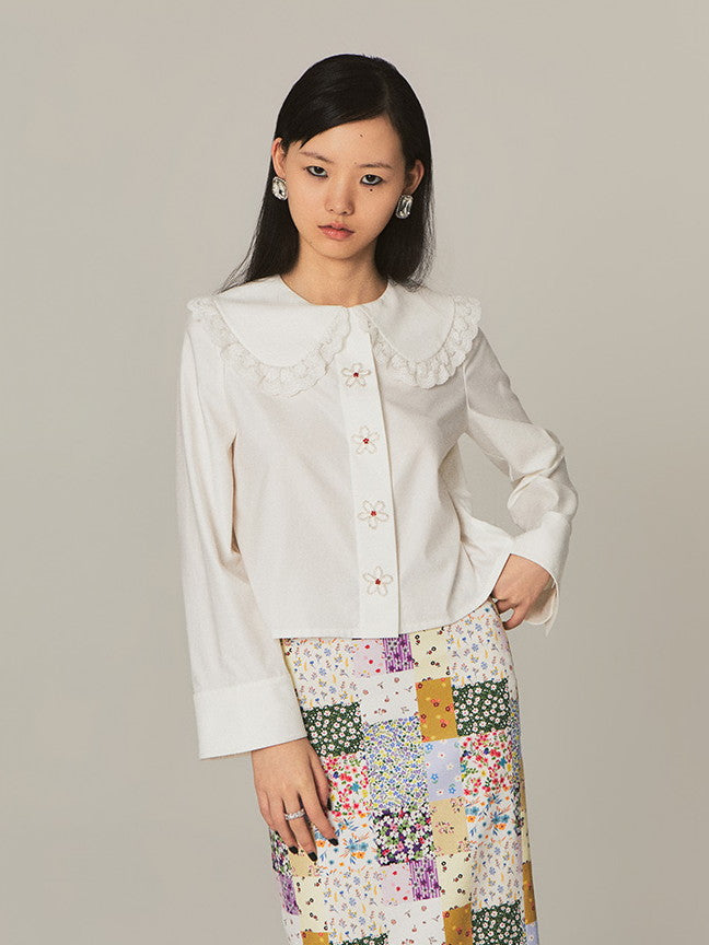 Frill-Collar Flower Girly Cute Beads Blouse