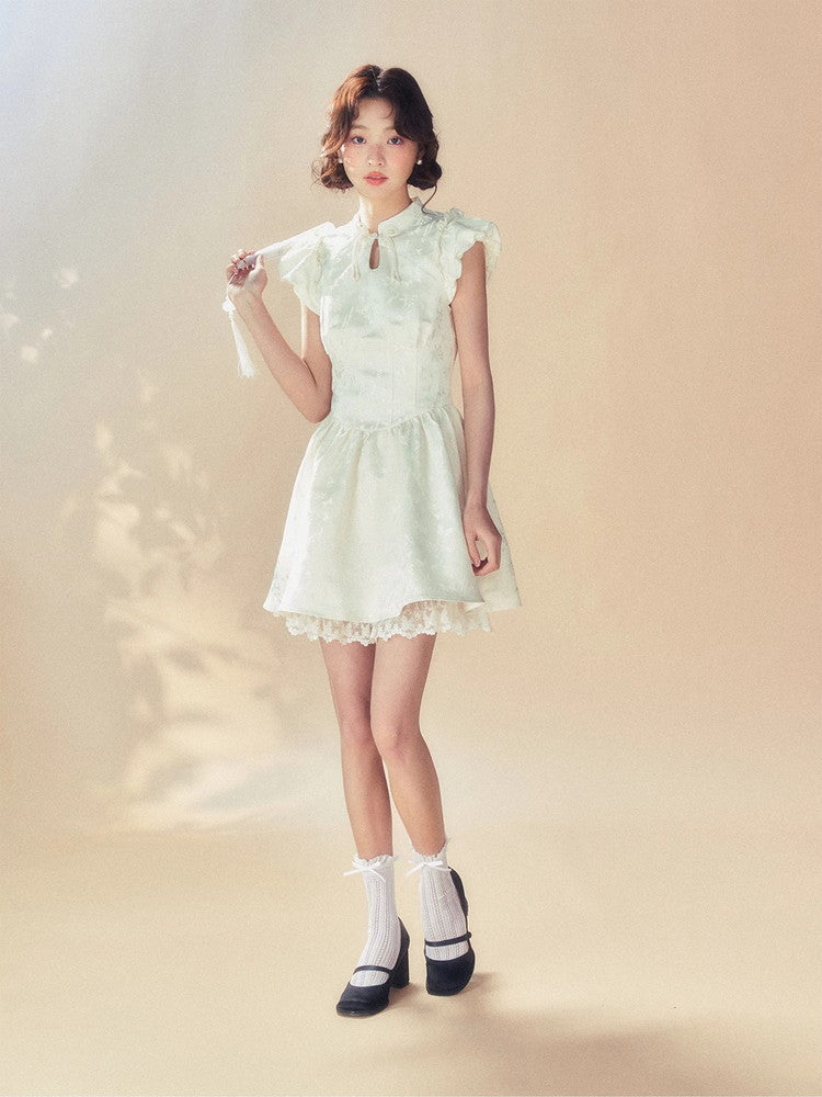 Embroidery Puff-Sleeve Frill Flower Lace Flare Dress