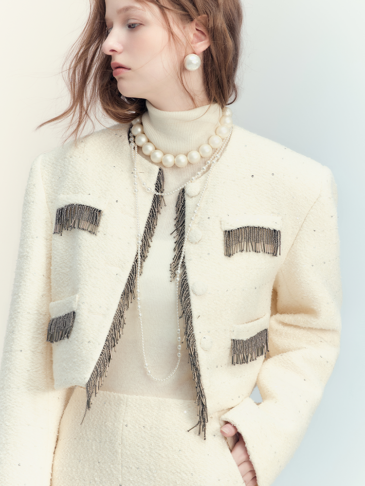 Tassel Wool No-Collar Chic 고급 재킷 미니 스커트