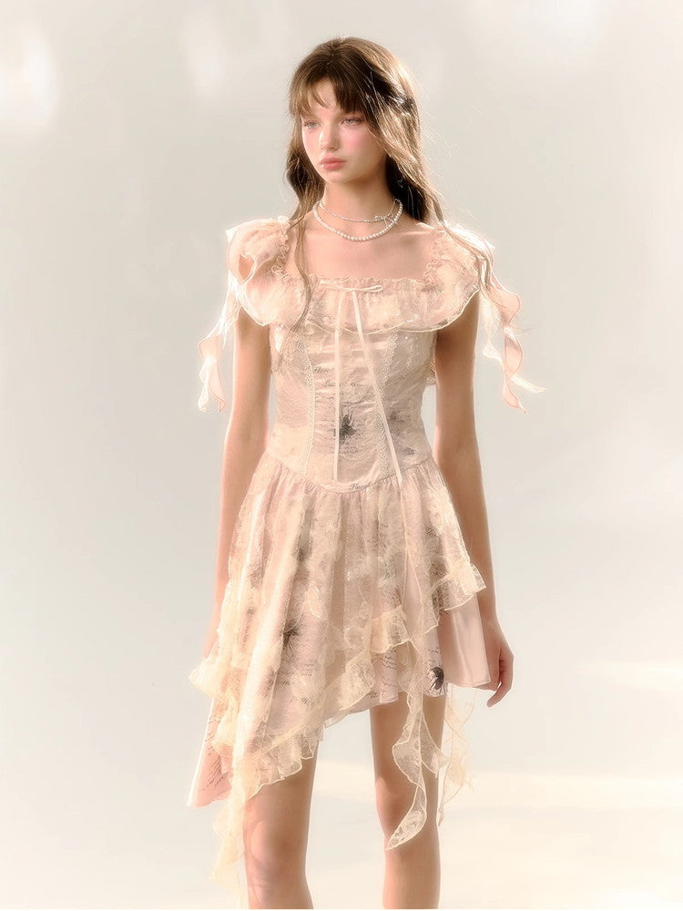 Fairy Lace Frill Off-Shoulder Sweet Asymmetry Dress Fairy Lace Frill Off-Shoulder Sweet Asymmetry Dress