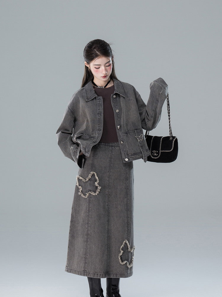 Shirt&Long-Skirt Demin Butterfly Tassel Vintage Set-Up