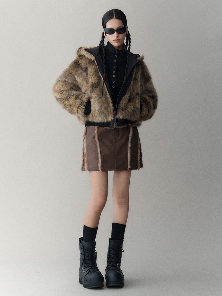 Leather&Fur Short Nichi Trapezoid Mini-Skirt