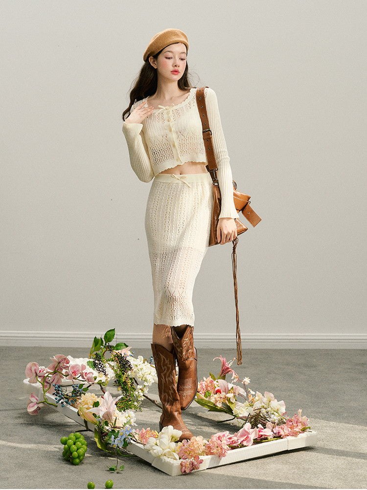 Knit Set-Up Sheer Mesh Scallop Feminine Sexy Tops&Skirt