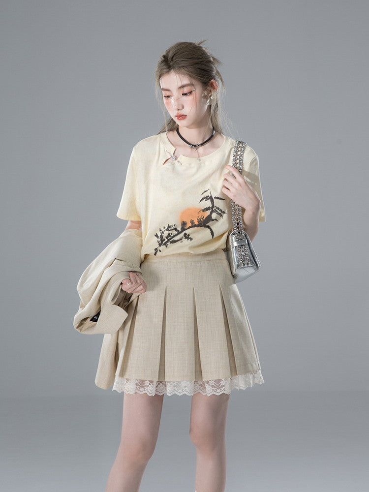 Jacket&Mini-Skirt Lace Box-Pleats Ovreszie Suit Set-Up