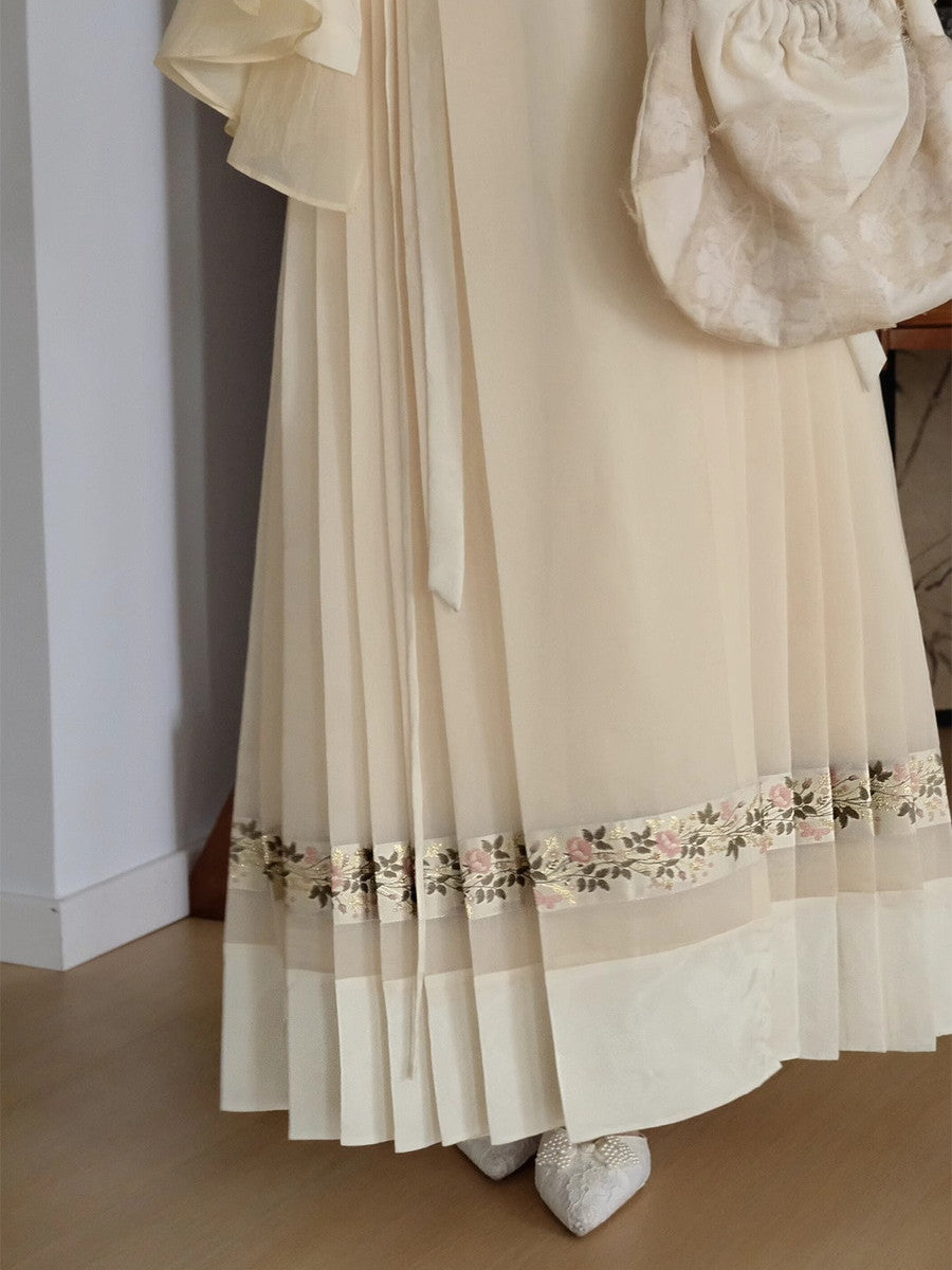 Embroidery Flowr Retro Sheer Box-Pleats Long-Skirt