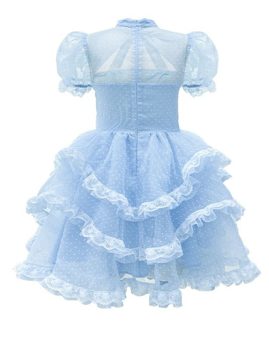 Polka Dot Rhinestone Bow Short-sleeved Lace Princess Dress