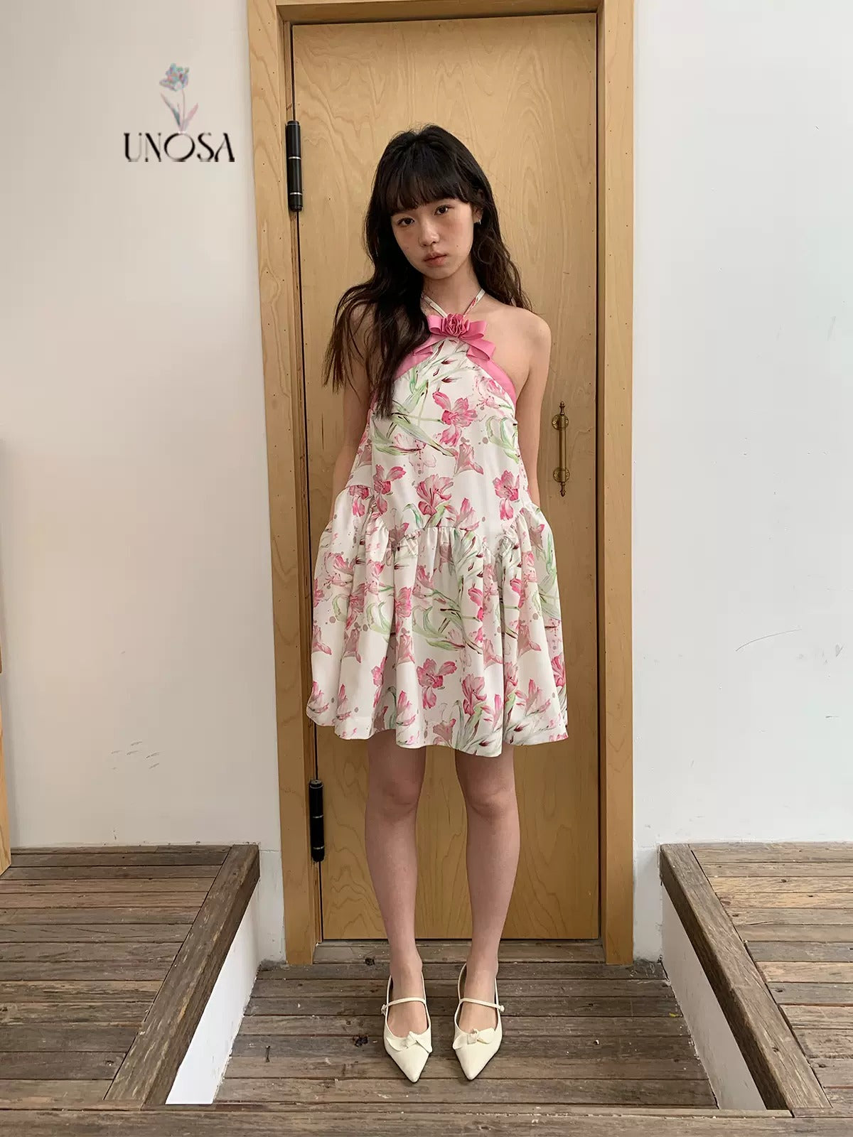 Halter Neck Floral Printed Sweet Bow Puffy Dress