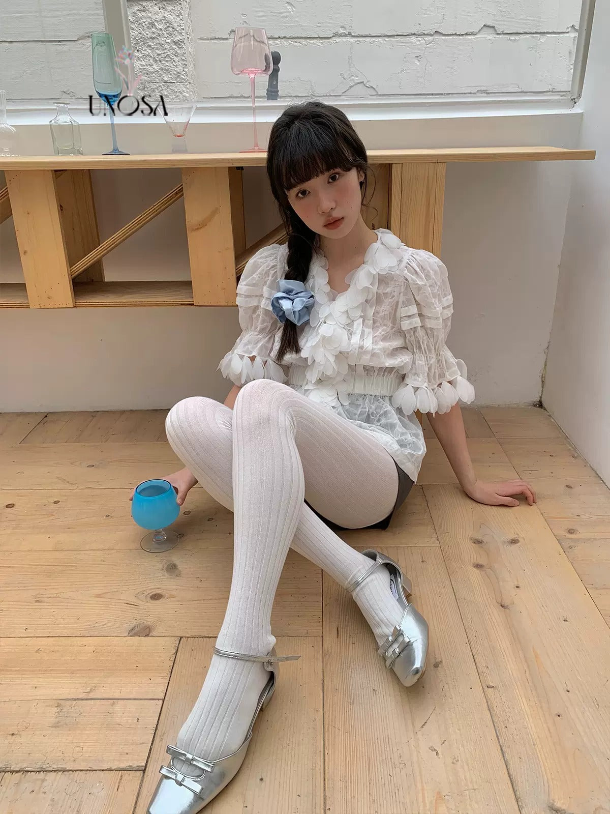 Fish Scale Lace Jacquard Puff Sleeve Short-sleeved Shirt