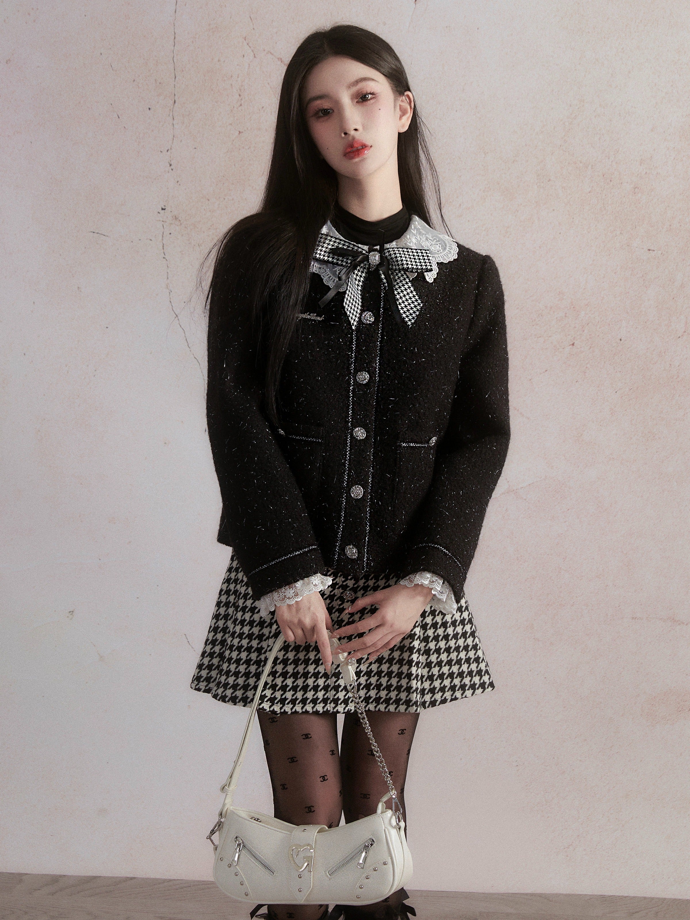 Small Fragrant Style Lace Stitch Jacket & Houndstooth Skirt