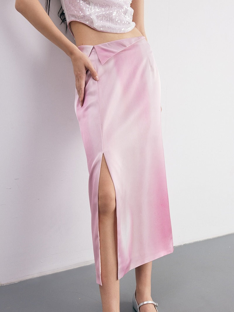 Ombre-print Cuffed Slit Skirt