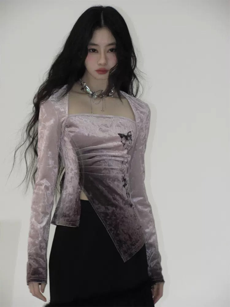 나비 그라디언트 측면 슬릿 벨벳 상단 및 긴 인어 치마