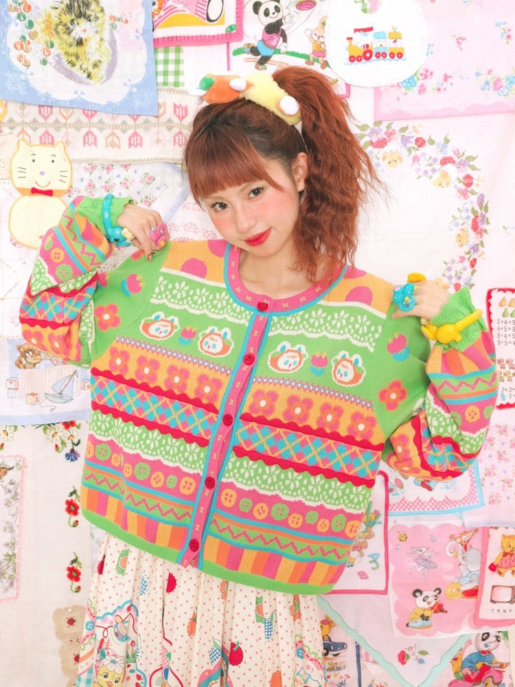 스트라이프 버니 체크 라운드 넥 니트 가디건