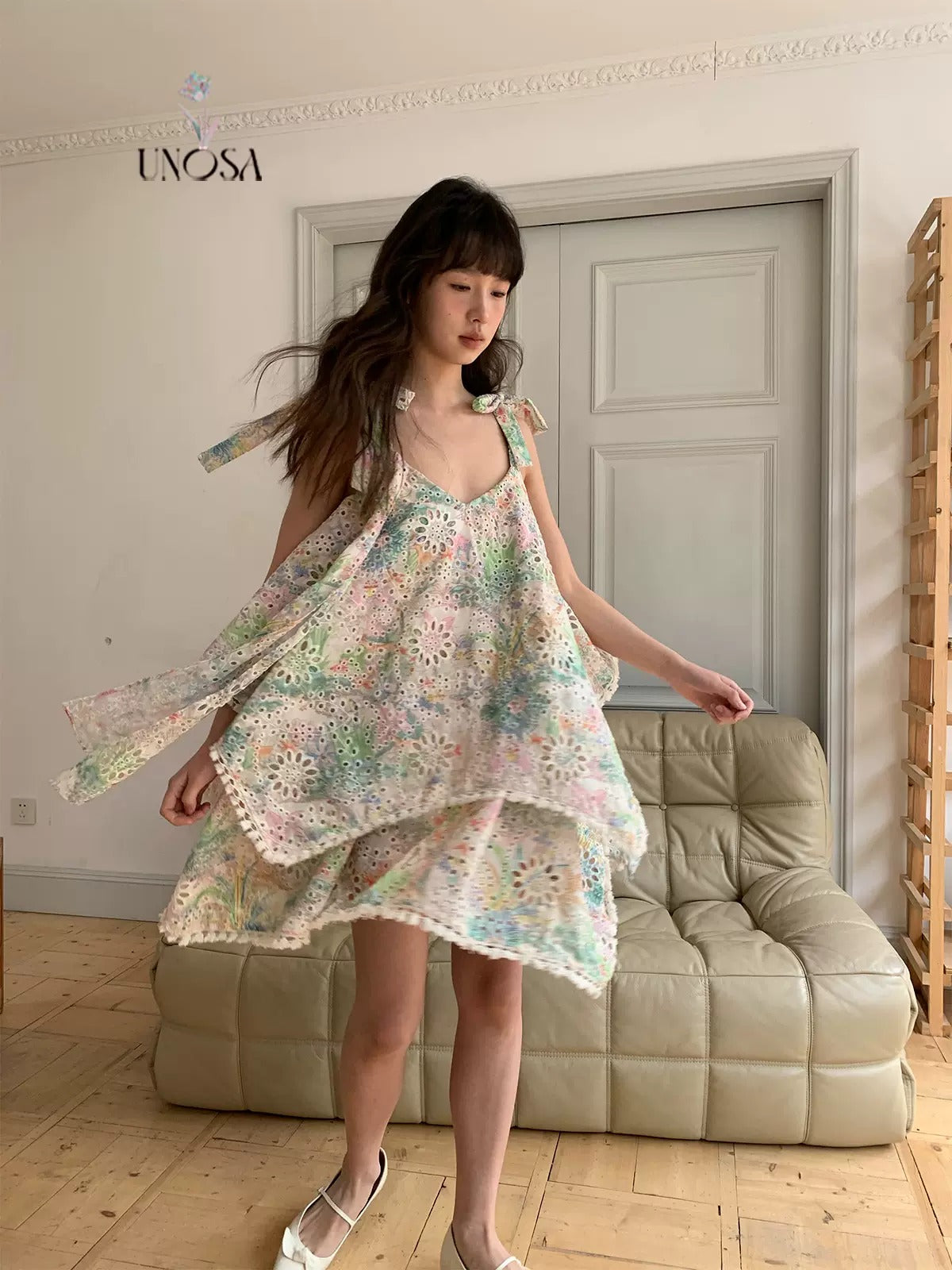 Colorful Print Cutwork Lace Loose Bow Dress