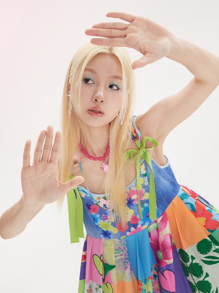 Stitching Denim Print Strap Sling One-piece