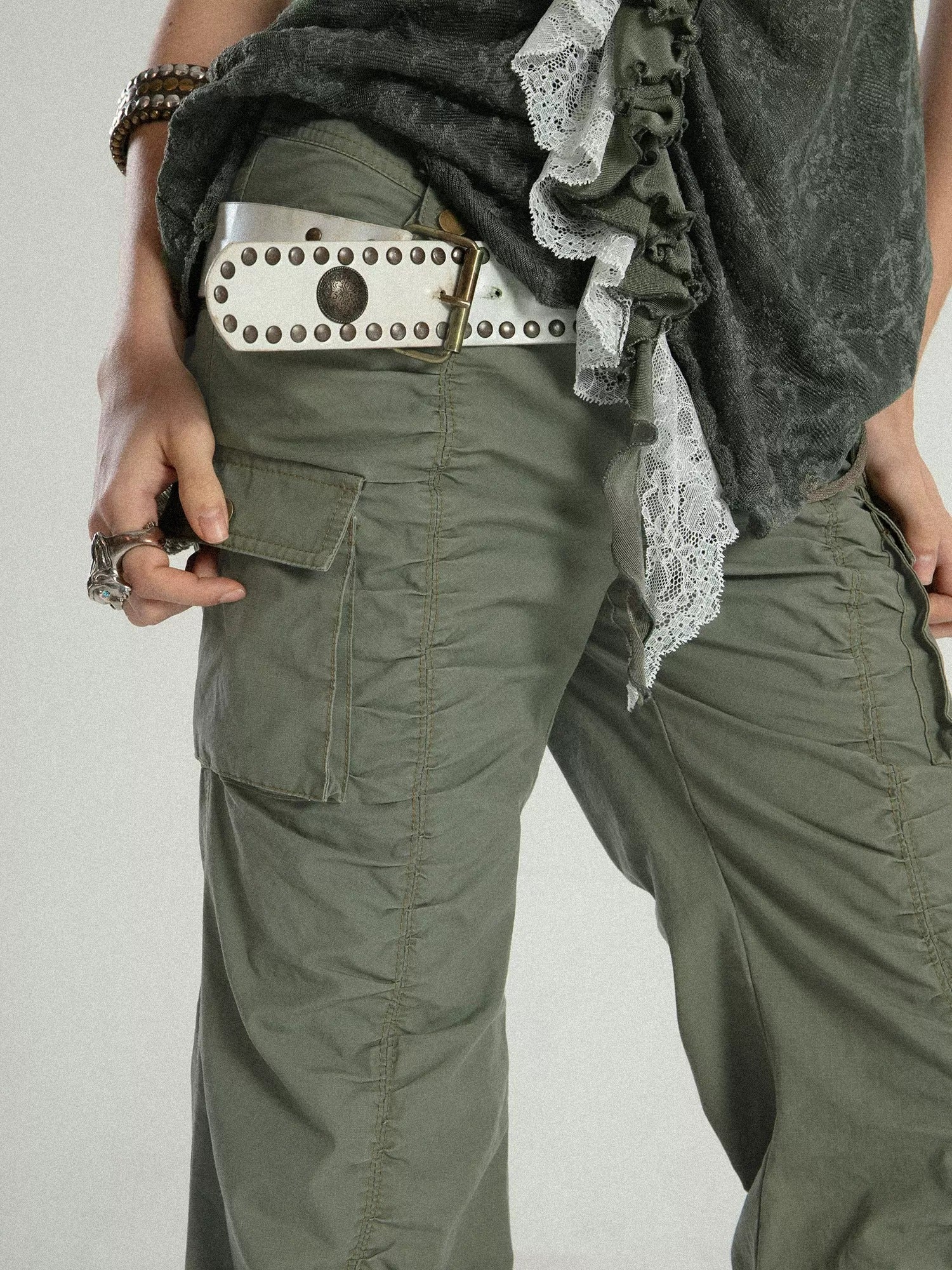 Old Washed Straight Flared Pleated Gather Pants