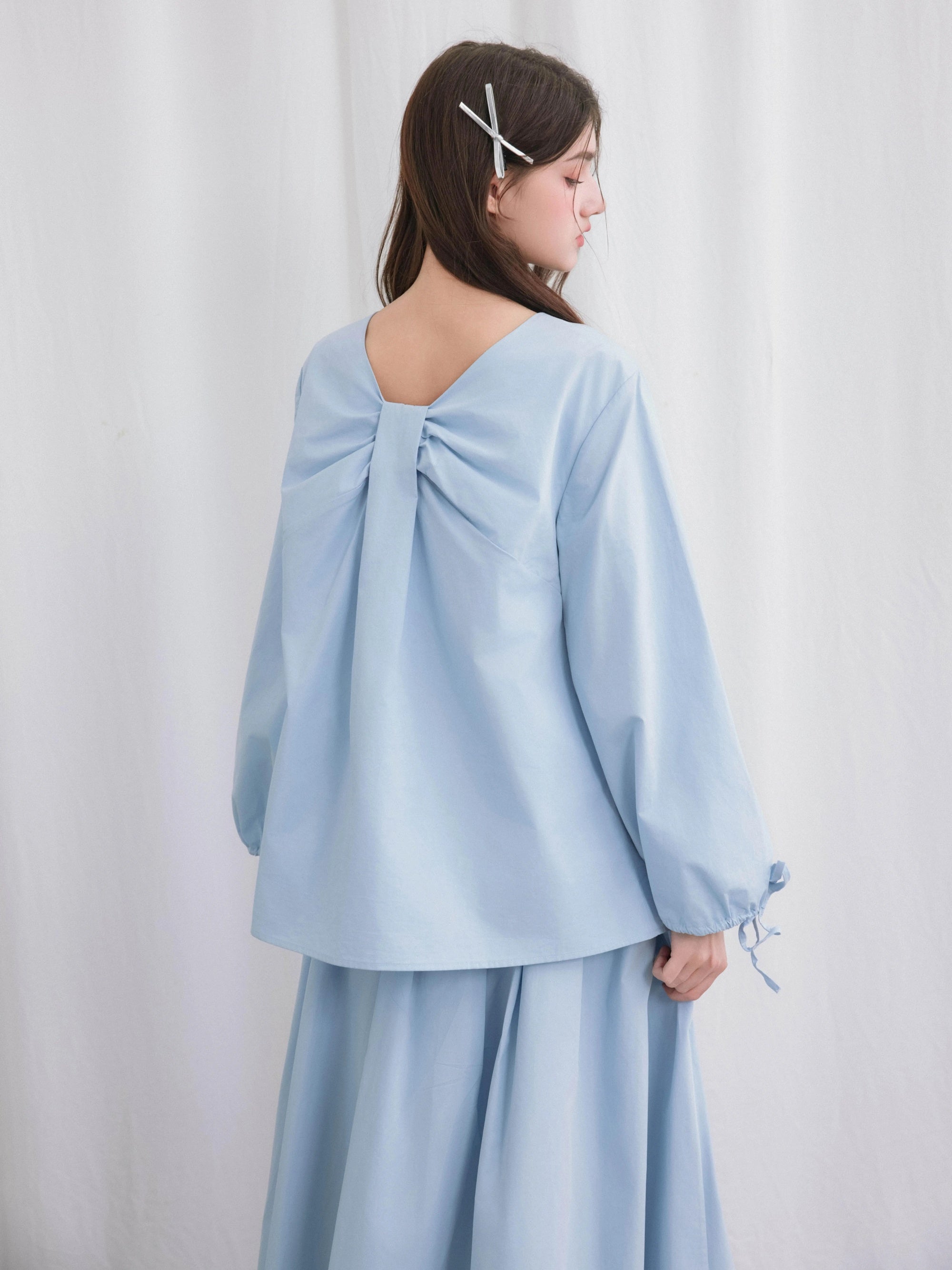 V-neck 2Way Long-sleeve Ribbon Shirtle & Long Skirt