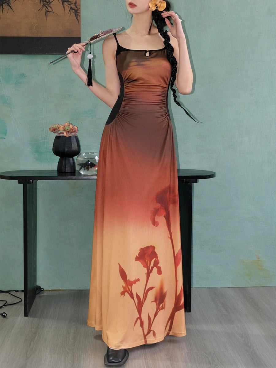 Gradation Printed Elastic Slim Fit Suspender Dress