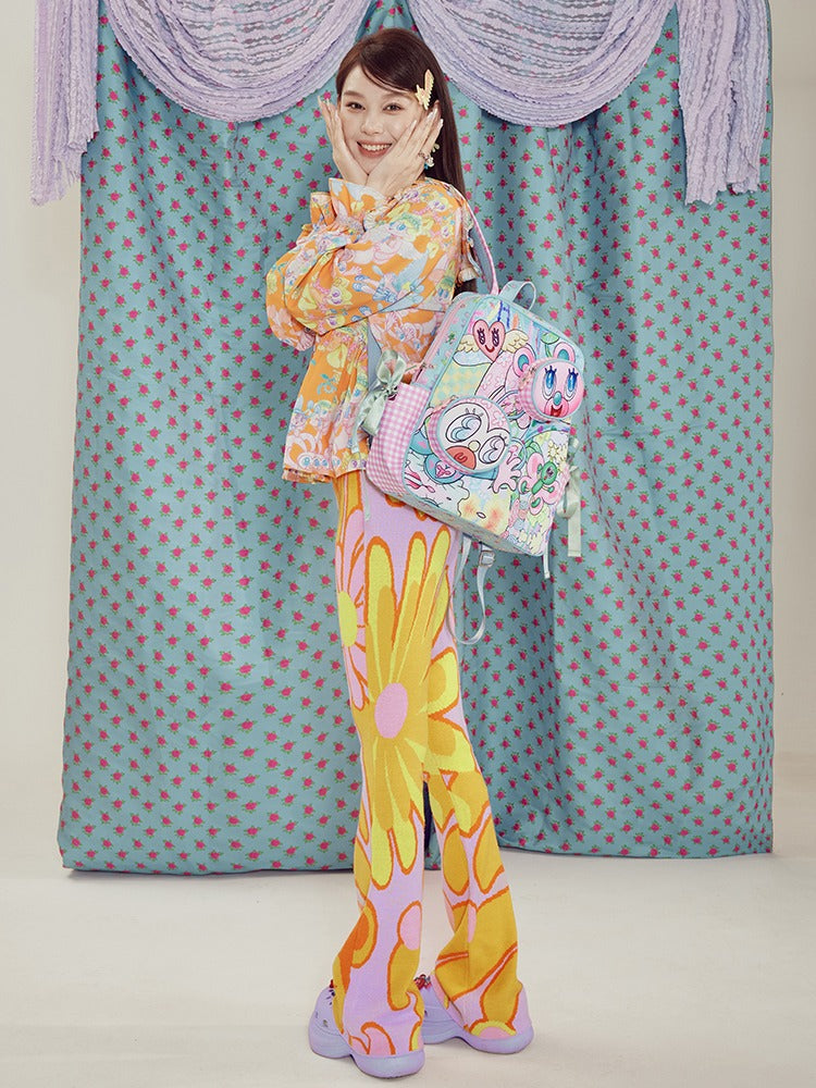 Contrast Color Flower Slim Knitted Pile Flare Pants