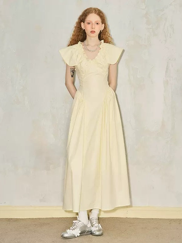Wrinkled V-neck French Flying Sleeve Dress ARCANA ARCHIVE Wrinkled V-neck French Flying Sleeve Dress ARCANA ARCHIVE